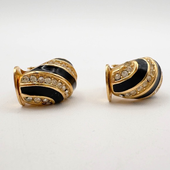 Christian Dior Gold Tone Half Hoop Clip-On Earrings Black Enamel Clear Stones - Picture 8 of 13